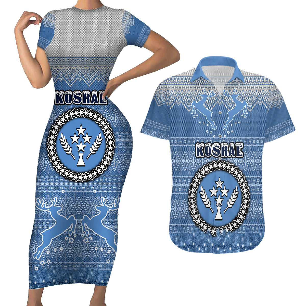 kosrae-christmas-couples-matching-short-sleeve-bodycon-dress-and-hawaiian-shirt-coat-of-arms-beautiful-merry-xmas-snowflake