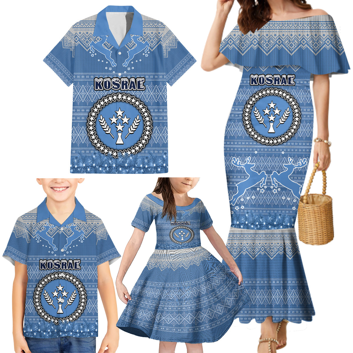 Kosrae Christmas Family Matching Mermaid Dress and Hawaiian Shirt Coat of Arms Beautiful Merry Xmas Snowflake LT03 - Polynesian Pride