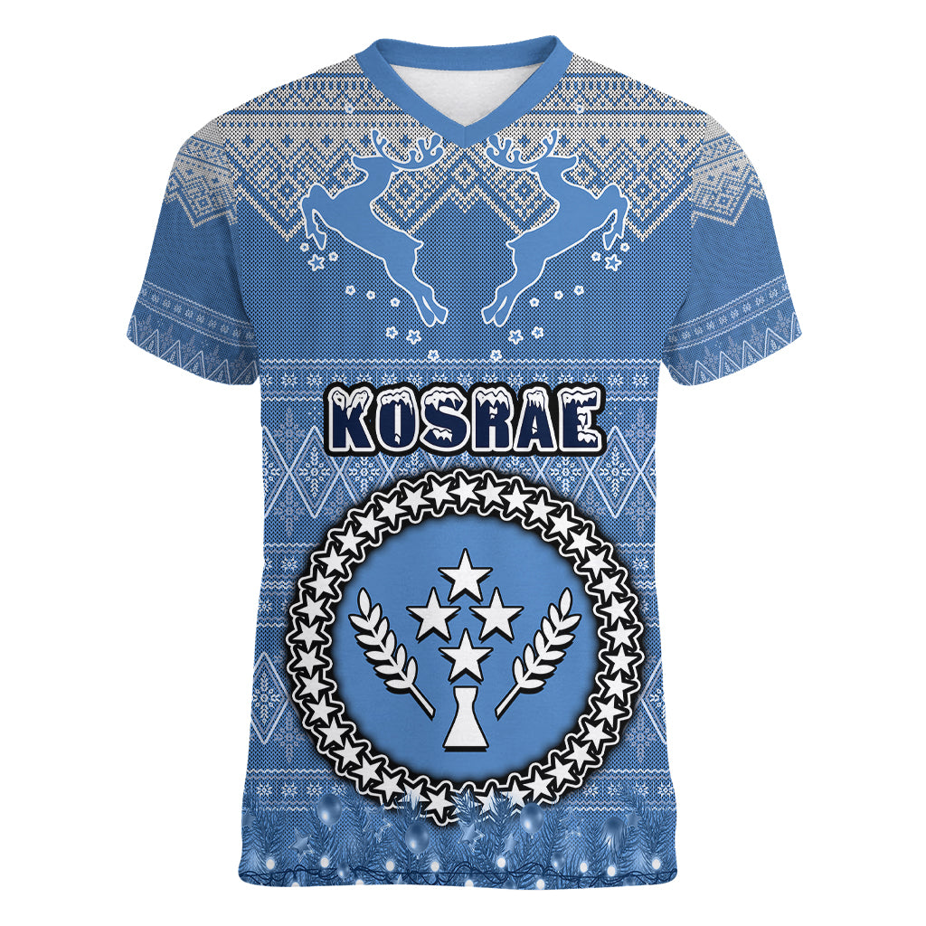 kosrae-christmas-women-v-neck-t-shirt-coat-of-arms-beautiful-merry-xmas-snowflake