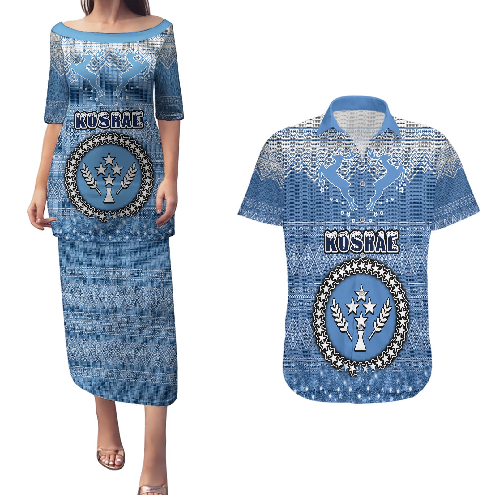 personalised-kosrae-christmas-couples-matching-puletasi-dress-and-hawaiian-shirt-coat-of-arms-beautiful-merry-xmas-snowflake