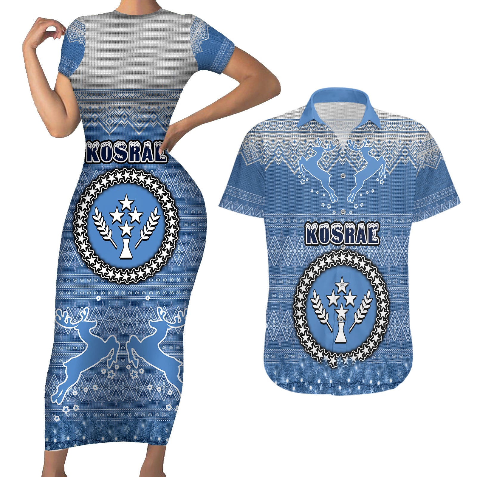 personalised-kosrae-christmas-couples-matching-short-sleeve-bodycon-dress-and-hawaiian-shirt-coat-of-arms-beautiful-merry-xmas-snowflake