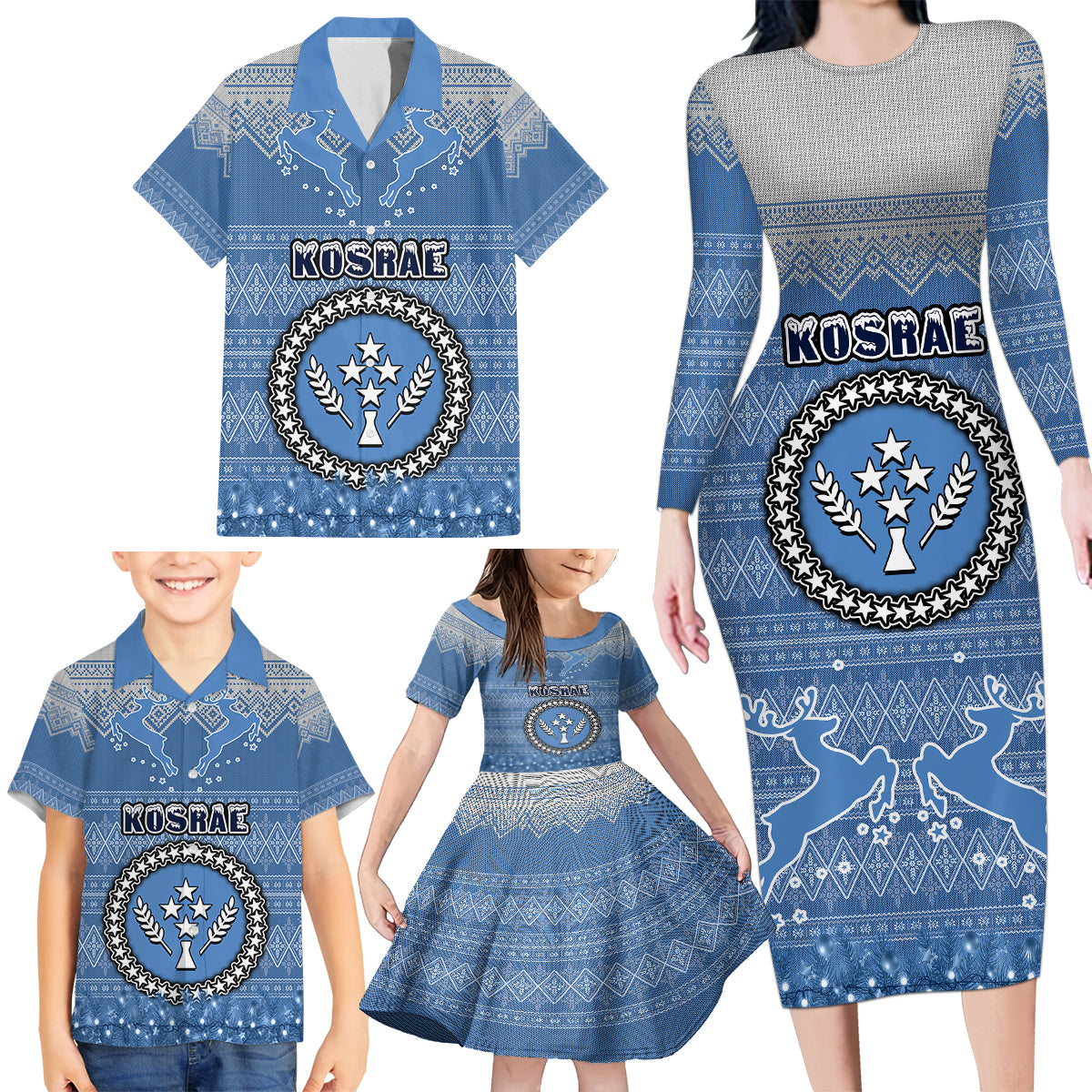 personalised-kosrae-christmas-family-matching-long-sleeve-bodycon-dress-and-hawaiian-shirt-coat-of-arms-beautiful-merry-xmas-snowflake