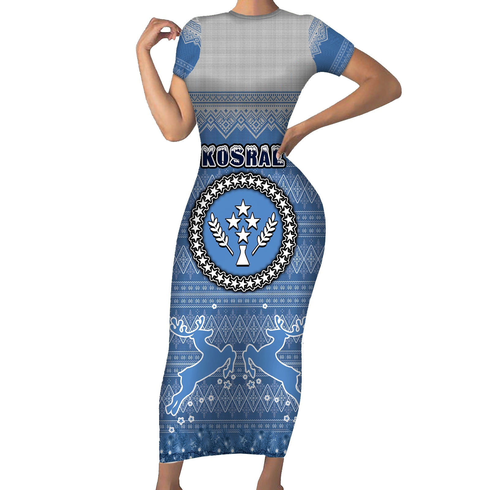 personalised-kosrae-christmas-short-sleeve-bodycon-dress-coat-of-arms-beautiful-merry-xmas-snowflake