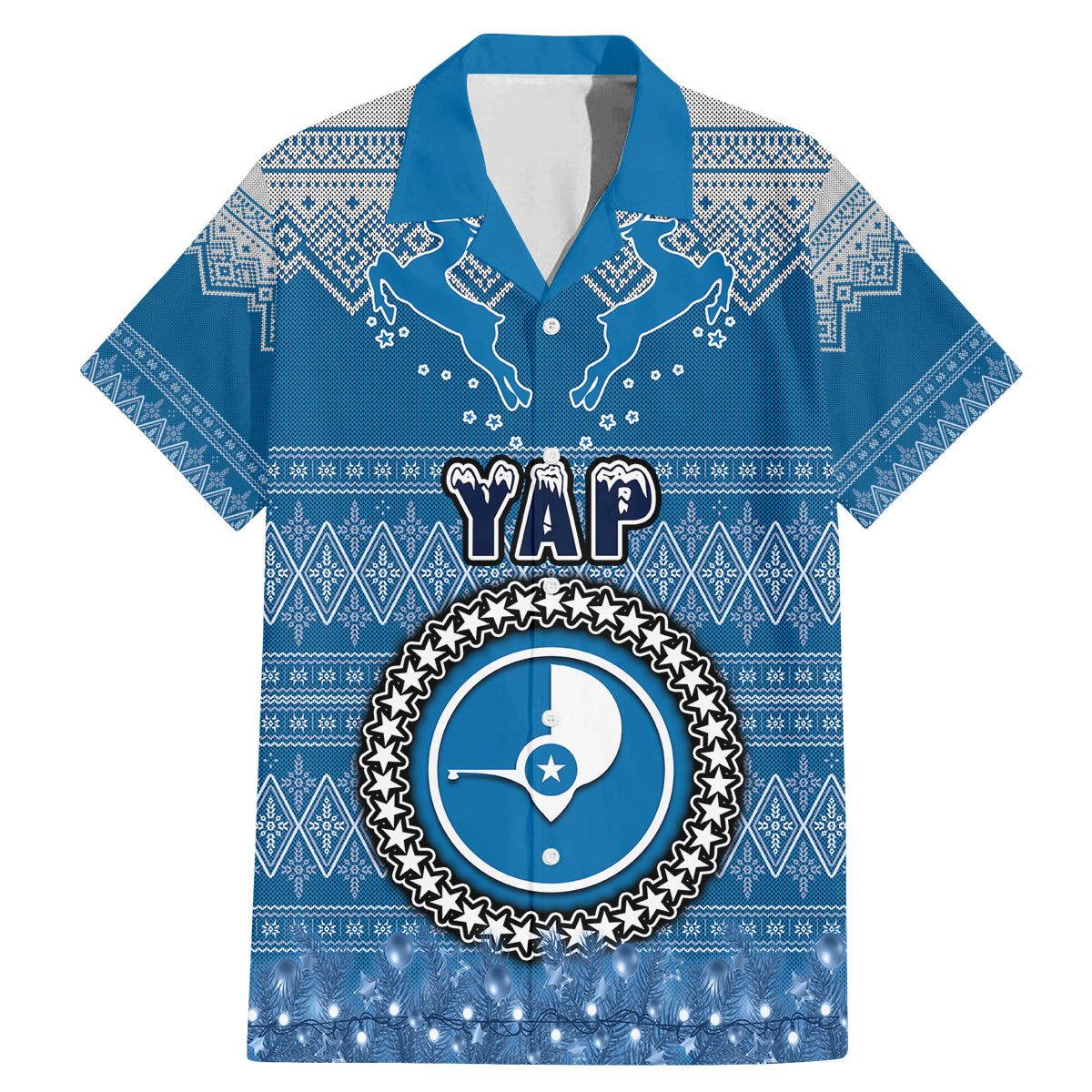 Yap Christmas Family Matching Mermaid Dress and Hawaiian Shirt Coat of Arms Beautiful Merry Xmas Snowflake LT03 Dad's Shirt - Short Sleeve Blue - Polynesian Pride