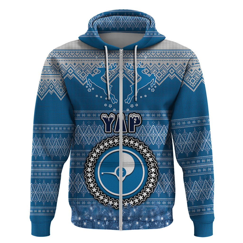 Yap Christmas Hoodie Coat of Arms Beautiful Merry Xmas Snowflake LT03 Zip Hoodie Blue - Polynesian Pride