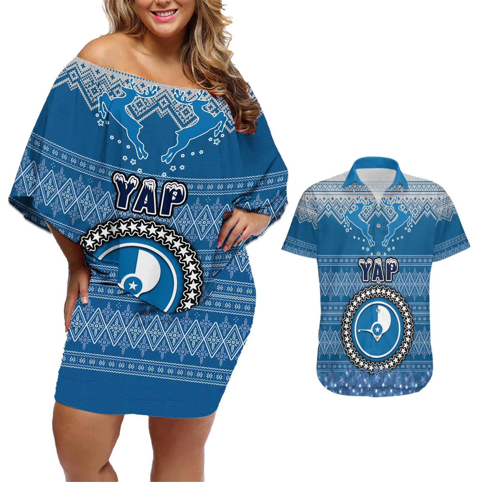 personalised-yap-christmas-couples-matching-off-shoulder-short-dress-and-hawaiian-shirt-coat-of-arms-beautiful-merry-xmas-snowflake