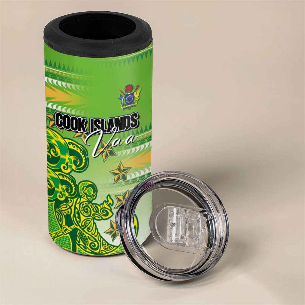 Personalised Cook Islands Va'a Race 4 in 1 Can Cooler Tumbler Te Tatau Tattoos Sporty Style Green-White Color - Polynesian Pride