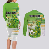 Personalised Cook Islands Va'a Race Couples Matching Long Sleeve Bodycon Dress and Long Sleeve Button Shirt Te Tatau Tattoos Sporty Style Green-White Color - Polynesian Pride