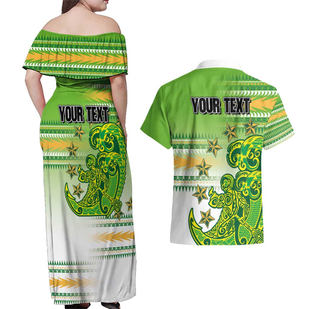 Personalised Cook Islands Va'a Race Couples Matching Off Shoulder Maxi Dress and Hawaiian Shirt Te Tatau Tattoos Sporty Style Green-White Color - Polynesian Pride