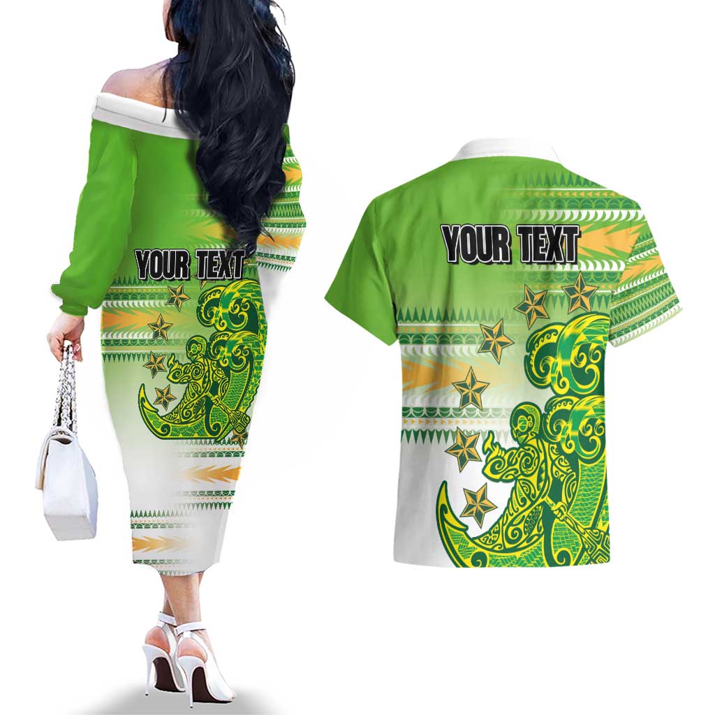 Personalised Cook Islands Va'a Race Couples Matching Off The Shoulder Long Sleeve Dress and Hawaiian Shirt Te Tatau Tattoos Sporty Style Green-White Color - Polynesian Pride