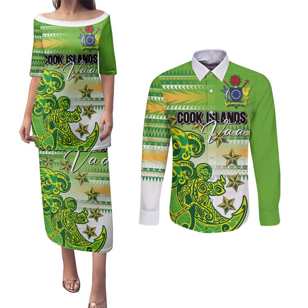 Personalised Cook Islands Va'a Race Couples Matching Puletasi and Long Sleeve Button Shirt Te Tatau Tattoos Sporty Style Green-White Color - Polynesian Pride