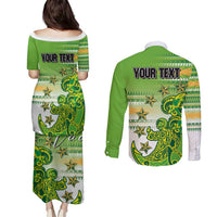 Personalised Cook Islands Va'a Race Couples Matching Puletasi and Long Sleeve Button Shirt Te Tatau Tattoos Sporty Style Green-White Color - Polynesian Pride