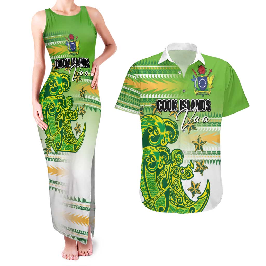 Personalised Cook Islands Va'a Race Couples Matching Tank Maxi Dress and Hawaiian Shirt Te Tatau Tattoos Sporty Style Green-White Color - Polynesian Pride