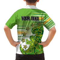 Personalised Cook Islands Va'a Race Family Matching Long Sleeve Bodycon Dress and Hawaiian Shirt Te Tatau Tattoos Sporty Style Green-White Color - Polynesian Pride