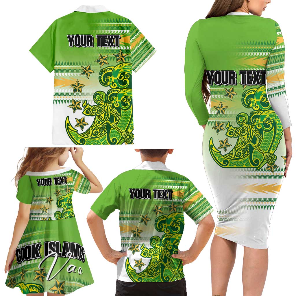 Personalised Cook Islands Va'a Race Family Matching Long Sleeve Bodycon Dress and Hawaiian Shirt Te Tatau Tattoos Sporty Style Green-White Color - Polynesian Pride