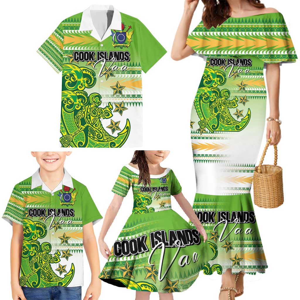 Personalised Cook Islands Va'a Race Family Matching Mermaid Dress and Hawaiian Shirt Te Tatau Tattoos Sporty Style Green-White Color - Polynesian Pride