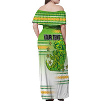 Personalised Cook Islands Va'a Race Family Matching Off Shoulder Maxi Dress and Hawaiian Shirt Te Tatau Tattoos Sporty Style Green-White Color - Polynesian Pride