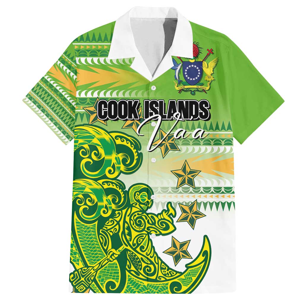 Personalised Cook Islands Va'a Race Family Matching Off Shoulder Short Dress and Hawaiian Shirt Te Tatau Tattoos Sporty Style Green-White Color - Polynesian Pride
