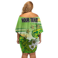 Personalised Cook Islands Va'a Race Family Matching Off Shoulder Short Dress and Hawaiian Shirt Te Tatau Tattoos Sporty Style Green-White Color - Polynesian Pride