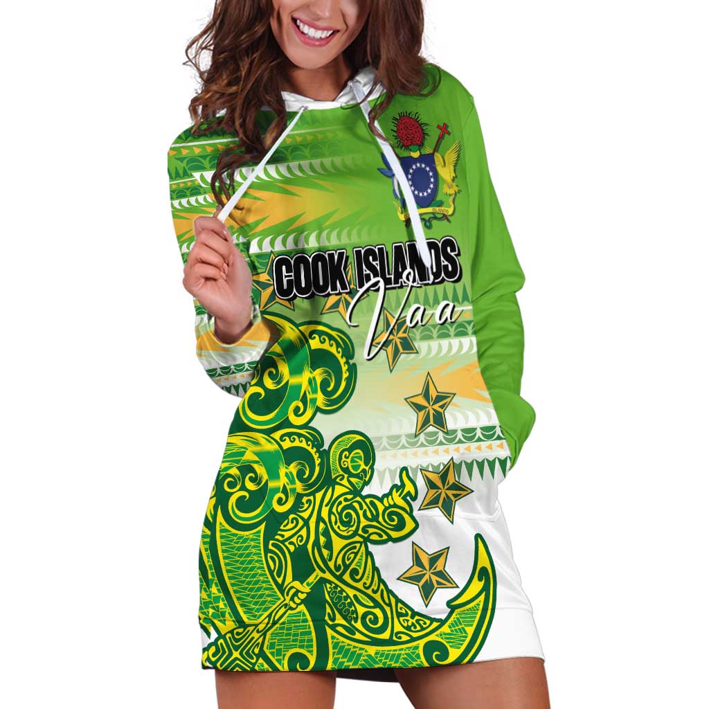 Personalised Cook Islands Va'a Race Hoodie Dress Te Tatau Tattoos Sporty Style Green-White Color - Polynesian Pride