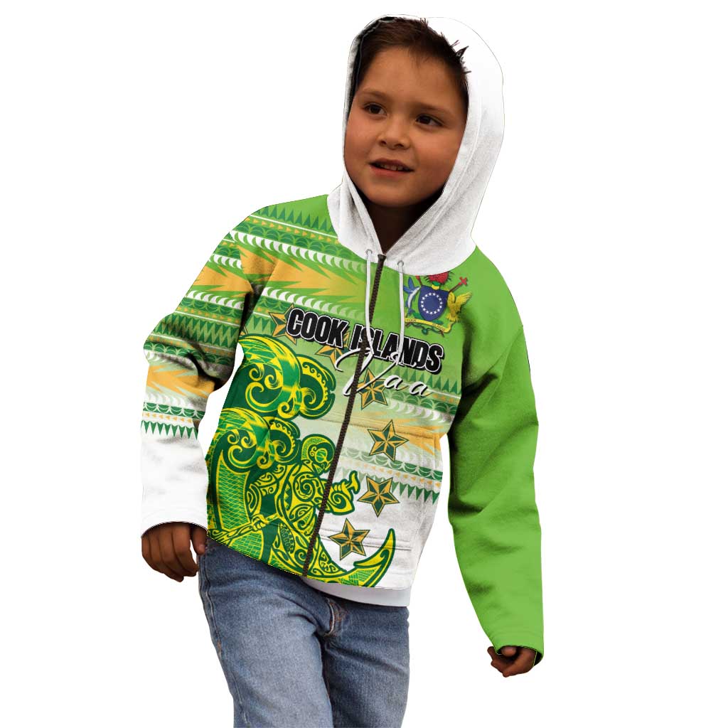 Personalised Cook Islands Va'a Race Kid Hoodie Te Tatau Tattoos Sporty Style Green-White Color - Polynesian Pride