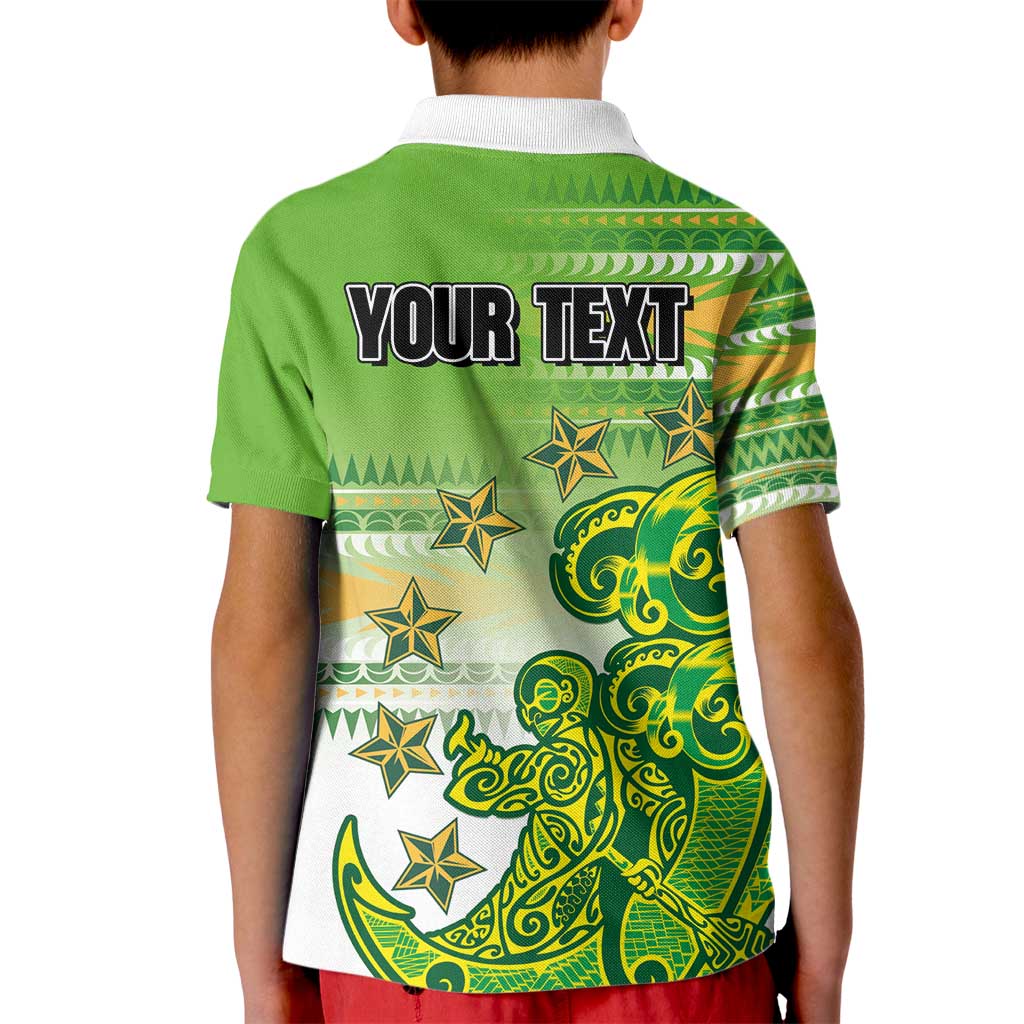 Personalised Cook Islands Va'a Race Kid Polo Shirt Te Tatau Tattoos Sporty Style Green-White Color - Polynesian Pride