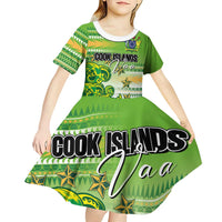 Personalised Cook Islands Va'a Race Kid Short Sleeve Dress Te Tatau Tattoos Sporty Style Green-White Color - Polynesian Pride