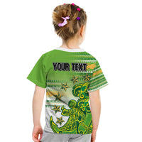Personalised Cook Islands Va'a Race Kid T Shirt Te Tatau Tattoos Sporty Style Green-White Color - Polynesian Pride