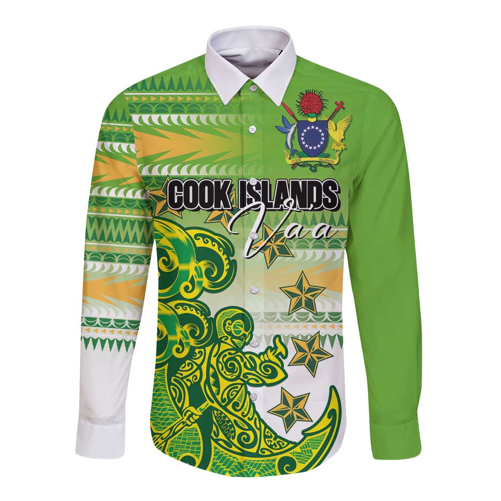 Personalised Cook Islands Va'a Race Long Sleeve Button Shirt Te Tatau Tattoos Sporty Style Green-White Color - Polynesian Pride