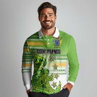 Personalised Cook Islands Va'a Race Long Sleeve Polo Shirt Te Tatau Tattoos Sporty Style Green-White Color - Polynesian Pride