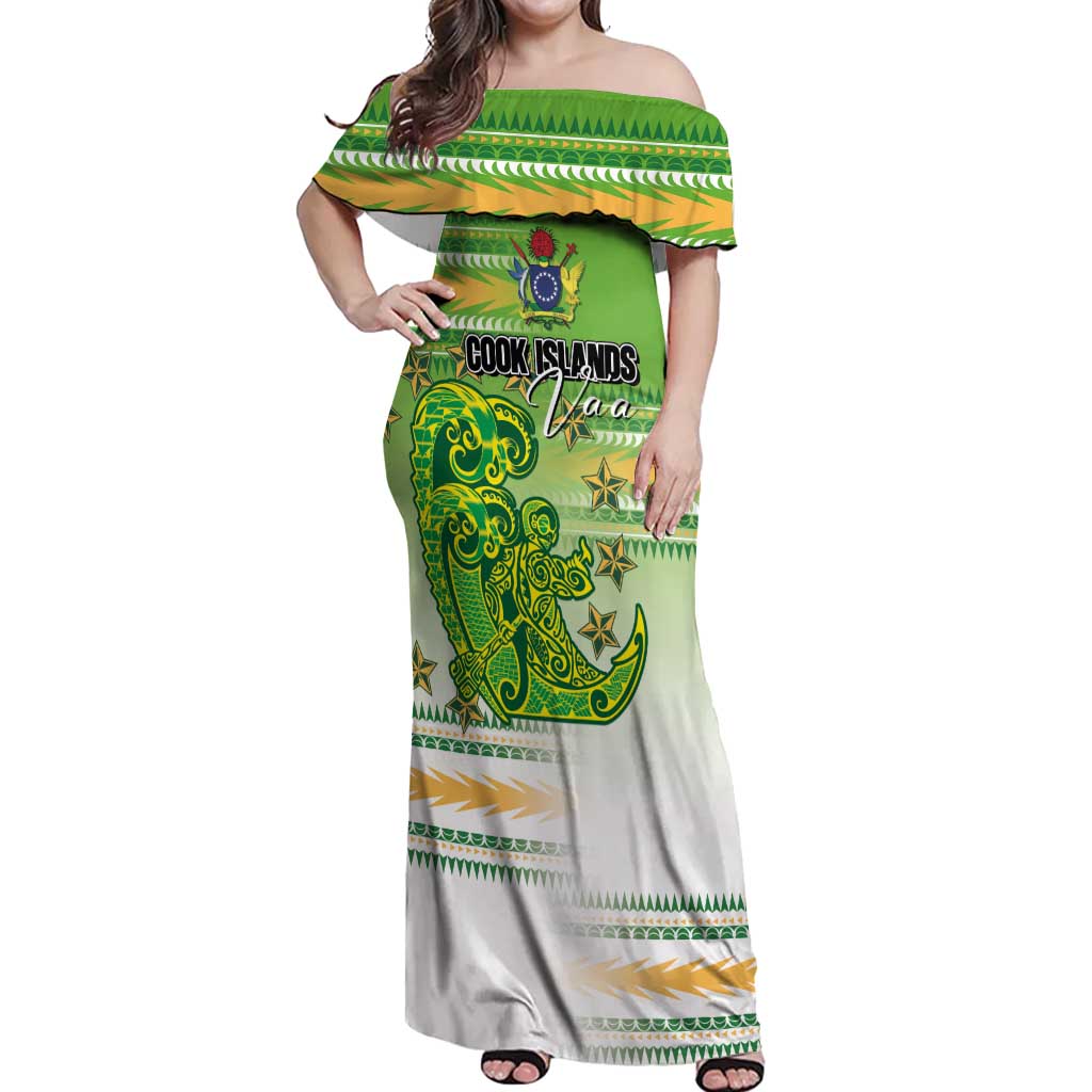 Personalised Cook Islands Va'a Race Off Shoulder Maxi Dress Te Tatau Tattoos Sporty Style Green-White Color - Polynesian Pride