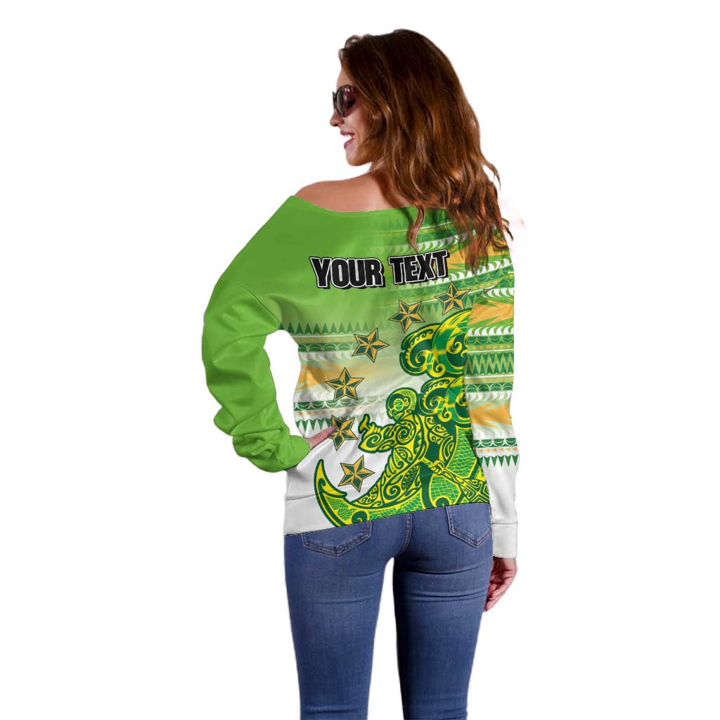 Personalised Cook Islands Va'a Race Off Shoulder Sweater Te Tatau Tattoos Sporty Style Green-White Color - Polynesian Pride