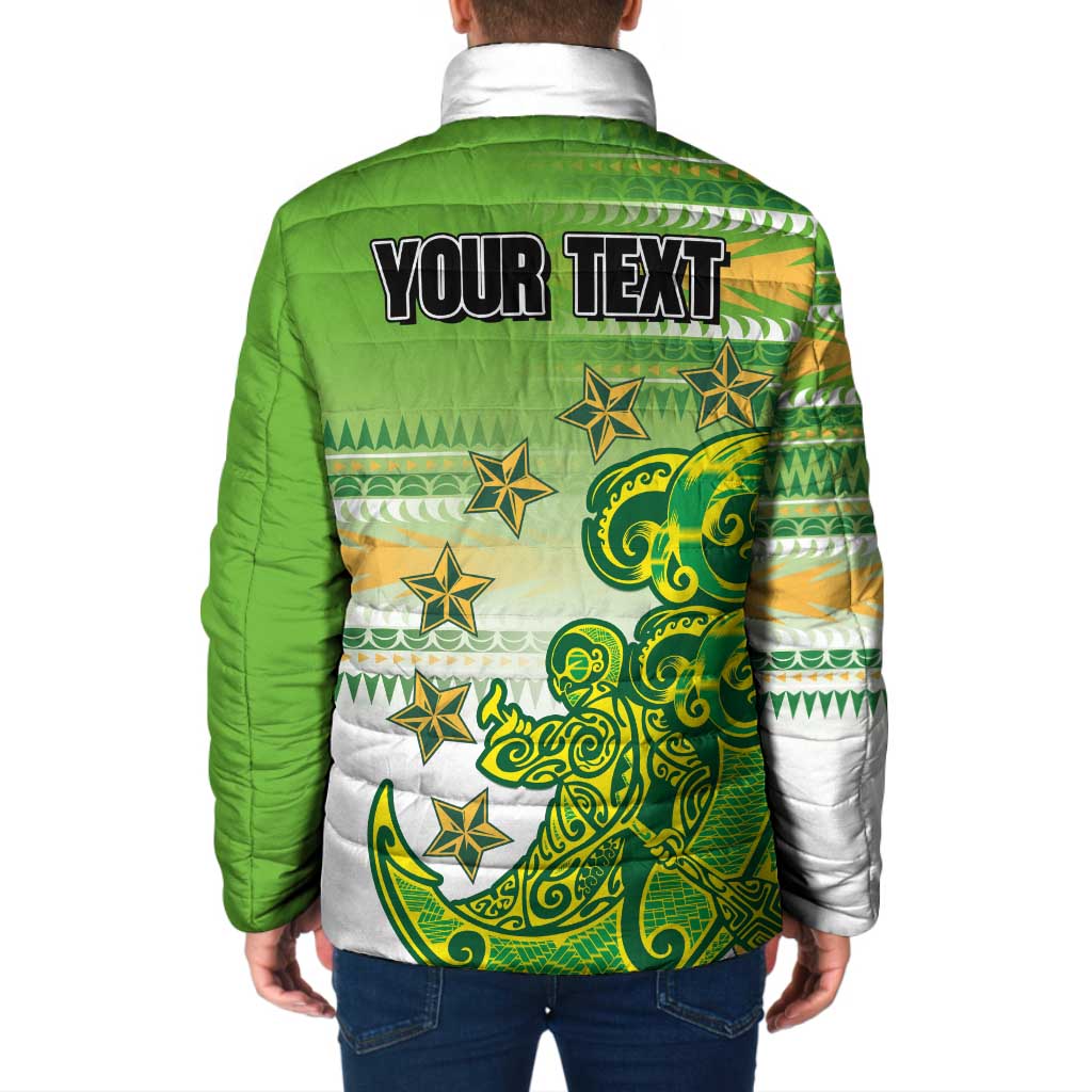 Personalised Cook Islands Va'a Race Padded Jacket Te Tatau Tattoos Sporty Style Green-White Color - Polynesian Pride
