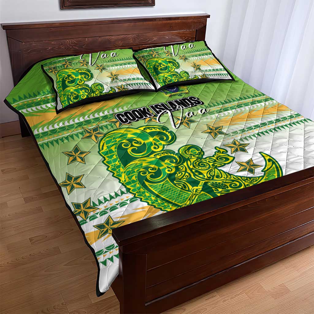 Cook Islands Va'a Race Quilt Bed Set Te Tatau Tattoos Sporty Style Green-White Color - Polynesian Pride