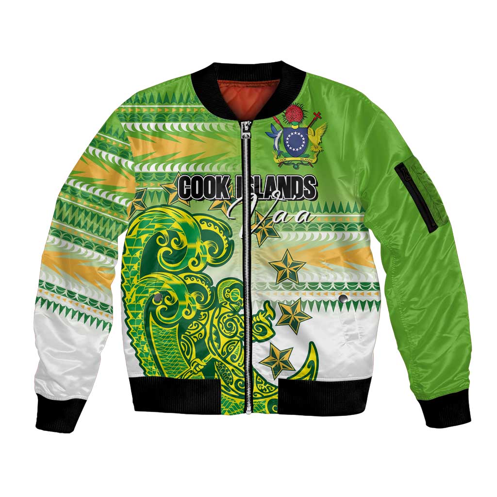 Personalised Cook Islands Va'a Race Sleeve Zip Bomber Jacket Te Tatau Tattoos Sporty Style Green-White Color - Polynesian Pride