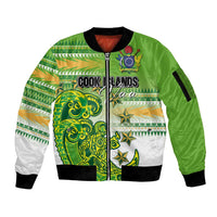 Personalised Cook Islands Va'a Race Sleeve Zip Bomber Jacket Te Tatau Tattoos Sporty Style Green-White Color - Polynesian Pride