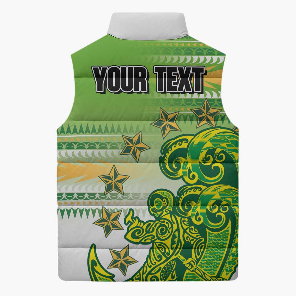 Personalised Cook Islands Va'a Race Sleeveless Puffer Jacket Te Tatau Tattoos Sporty Style Green-White Color - Polynesian Pride