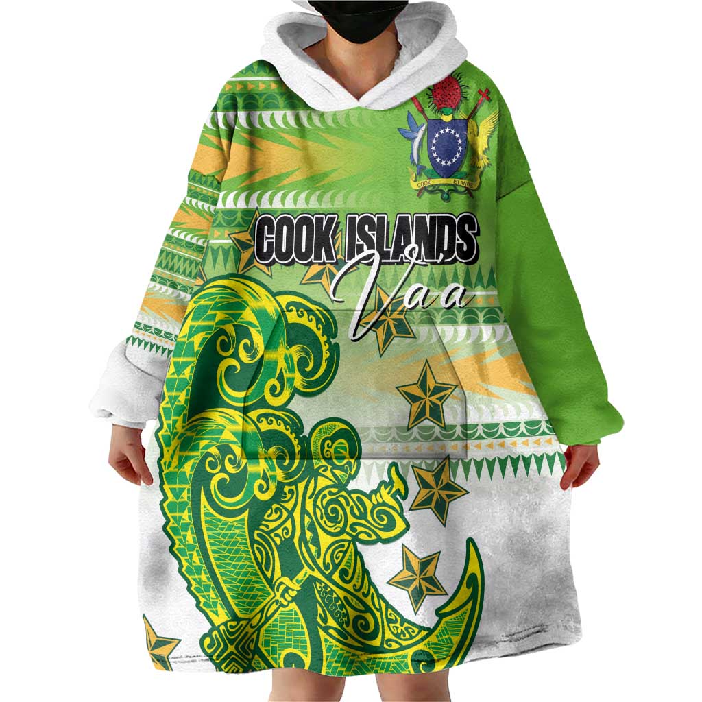 Personalised Cook Islands Va'a Race Wearable Blanket Hoodie Te Tatau Tattoos Sporty Style Green-White Color - Polynesian Pride