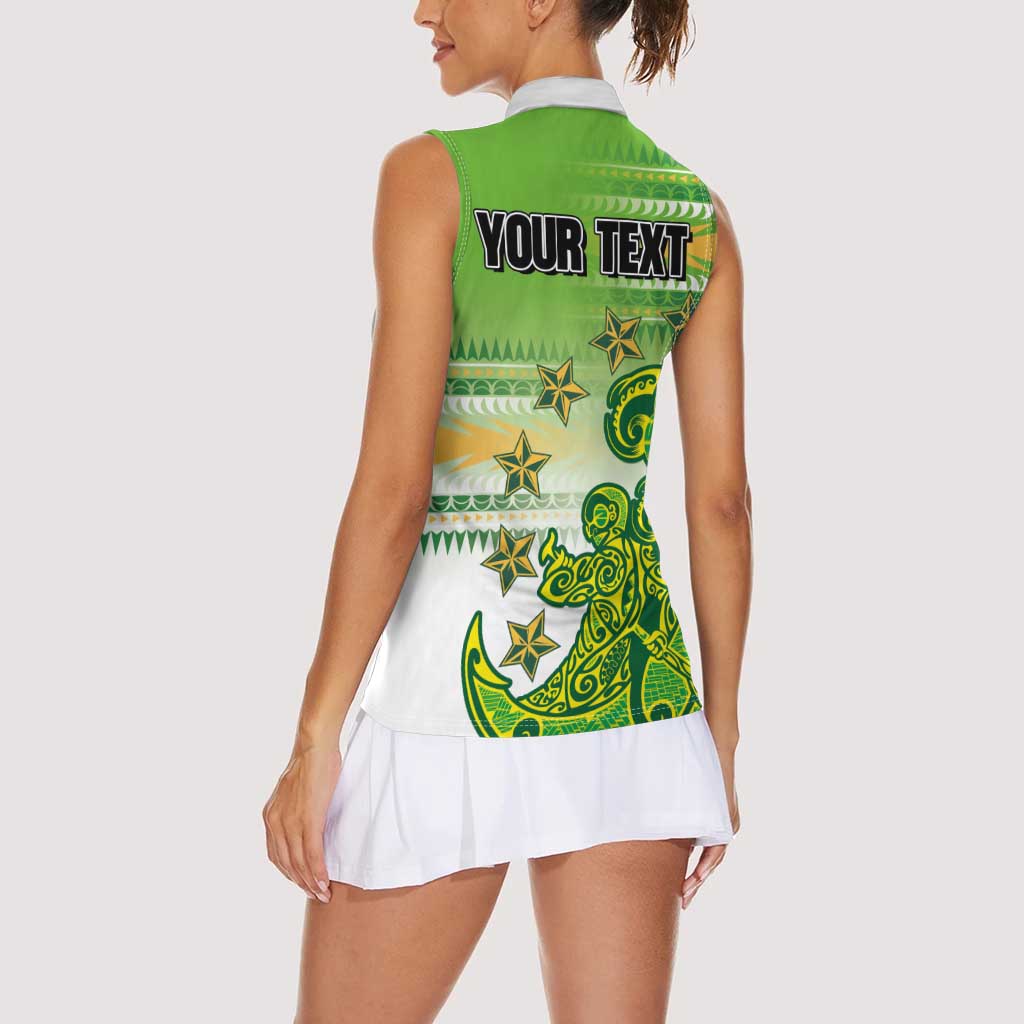 Personalised Cook Islands Va'a Race Women Sleeveless Polo Shirt Te Tatau Tattoos Sporty Style Green-White Color LT03 - Polynesian Pride
