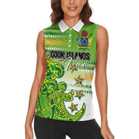 Personalised Cook Islands Va'a Race Women Sleeveless Polo Shirt Te Tatau Tattoos Sporty Style Green-White Color LT03 - Polynesian Pride
