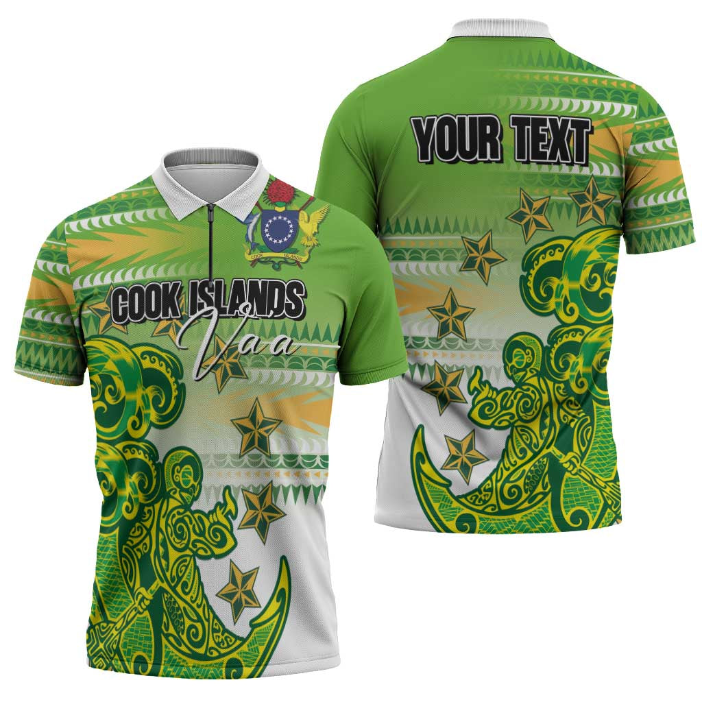 Personalised Cook Islands Va'a Race Zipper Polo Shirt Te Tatau Tattoos Sporty Style Green-White Color - Polynesian Pride