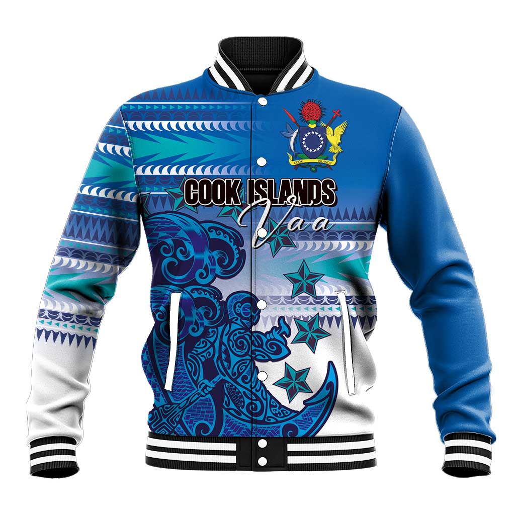 Personalised Cook Islands Va'a Race Baseball Jacket Te Tatau Tattoos Sporty Style Light Blue Color - Polynesian Pride