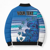 Personalised Cook Islands Va'a Race Bomber Puffer Jacket Te Tatau Tattoos Sporty Style Light Blue Color - Polynesian Pride