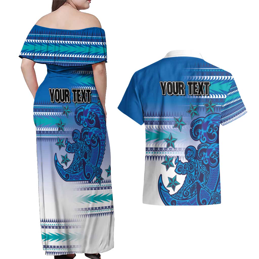 Personalised Cook Islands Va'a Race Couples Matching Off Shoulder Maxi Dress and Hawaiian Shirt Te Tatau Tattoos Sporty Style Light Blue Color - Polynesian Pride