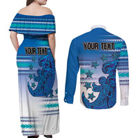 Personalised Cook Islands Va'a Race Couples Matching Off Shoulder Maxi Dress and Long Sleeve Button Shirt Te Tatau Tattoos Sporty Style Light Blue Color - Polynesian Pride