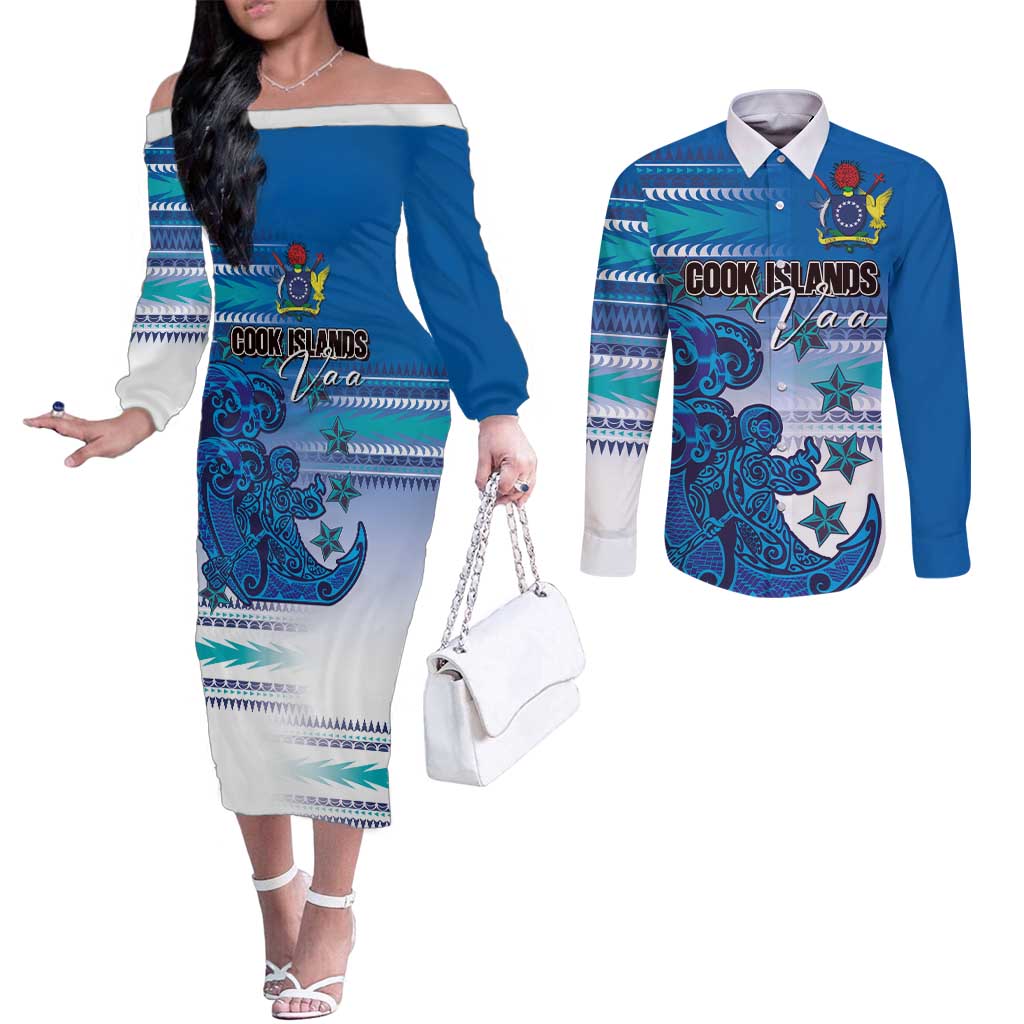 Personalised Cook Islands Va'a Race Couples Matching Off The Shoulder Long Sleeve Dress and Long Sleeve Button Shirt Te Tatau Tattoos Sporty Style Light Blue Color - Polynesian Pride