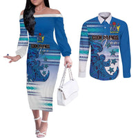 Personalised Cook Islands Va'a Race Couples Matching Off The Shoulder Long Sleeve Dress and Long Sleeve Button Shirt Te Tatau Tattoos Sporty Style Light Blue Color - Polynesian Pride