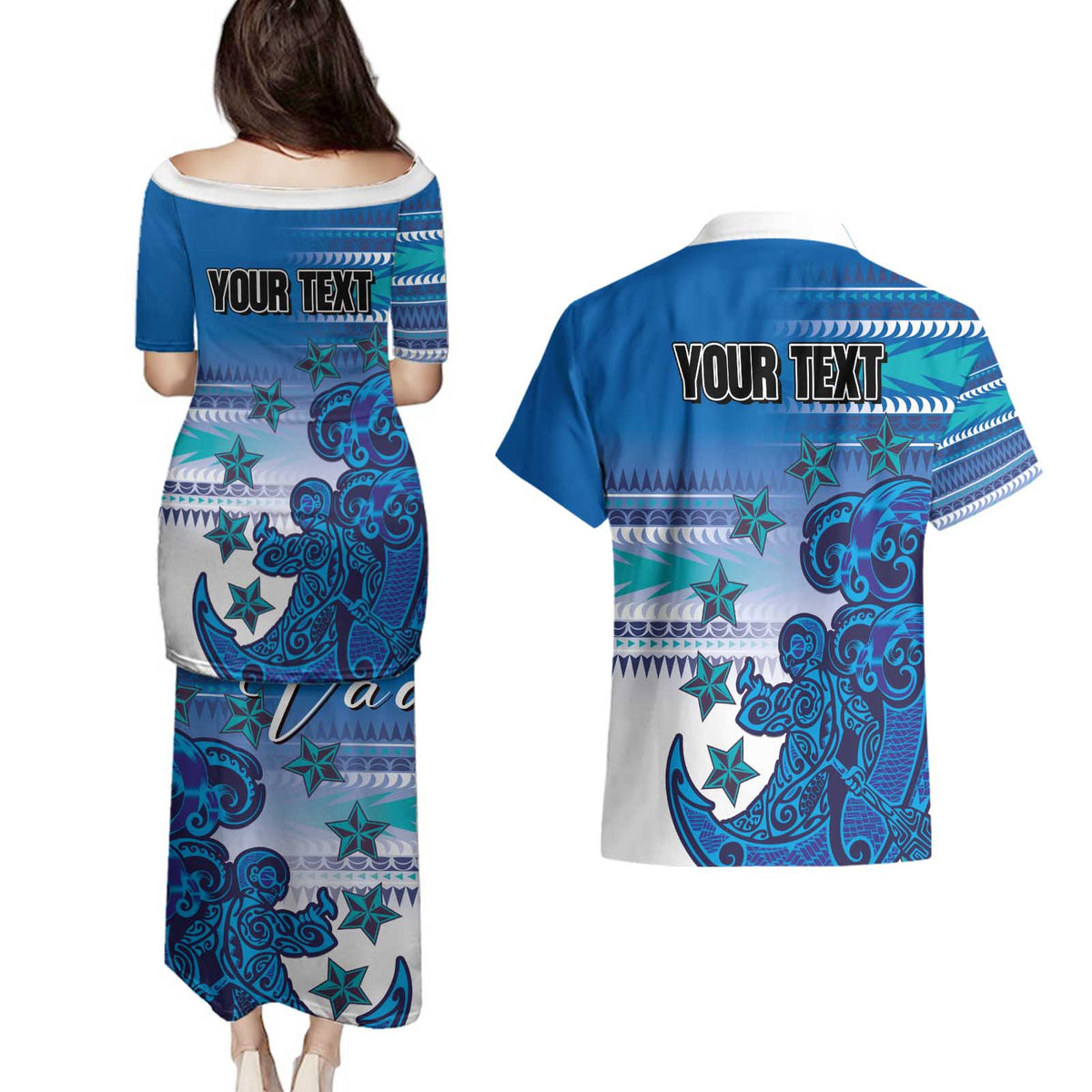 Personalised Cook Islands Va'a Race Couples Matching Puletasi and Hawaiian Shirt Te Tatau Tattoos Sporty Style Light Blue Color - Polynesian Pride