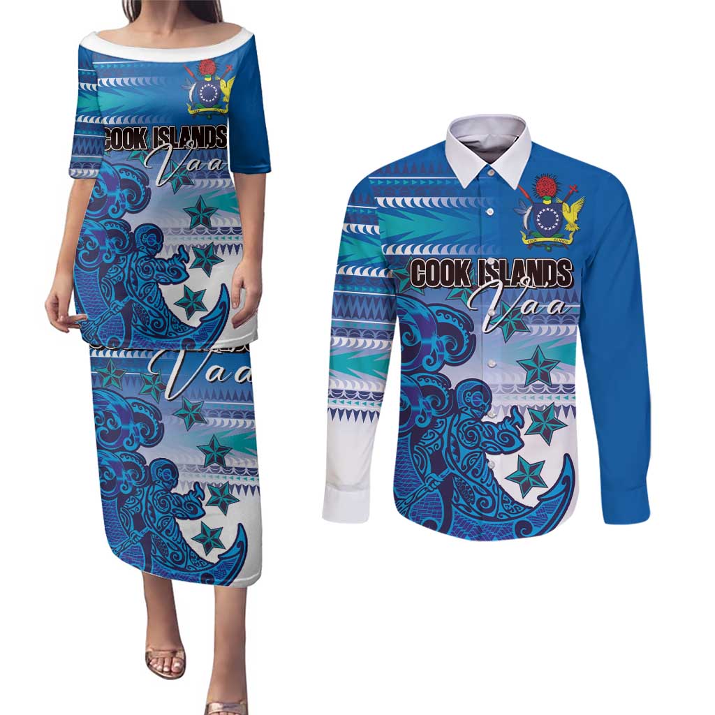 Personalised Cook Islands Va'a Race Couples Matching Puletasi and Long Sleeve Button Shirt Te Tatau Tattoos Sporty Style Light Blue Color - Polynesian Pride