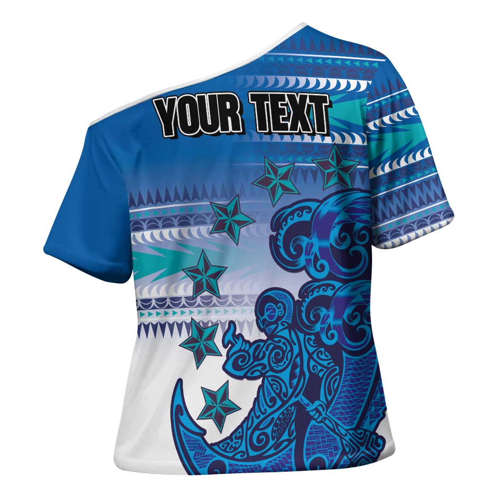 Personalised Cook Islands Va'a Race Cross Shoulder Shirt Te Tatau Tattoos Sporty Style Light Blue Color - Polynesian Pride